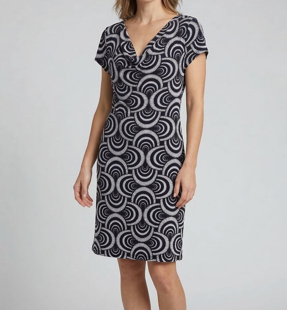 Notations Womens Small Dress V Neck Black White Pattern Polyester Blend